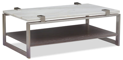 Paradox 48" Modern Coffee Table with Shelf - White Marble Top with Brushed Platinum Frame|Table à café moderne Paradox de 48 po avec tablette - dessus en marbre blanc avec armature platine brossé