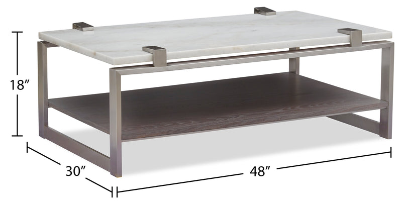 Paradox 48\" Modern Coffee Table with Shelf - White Marble Top with Brushed Platinum Frame