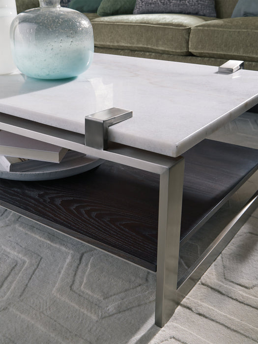 Paradox 48\" Modern Coffee Table with Shelf - White Marble Top with Brushed Platinum Frame