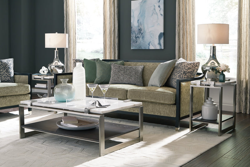 Paradox 48\" Modern Coffee Table with Shelf - White Marble Top with Brushed Platinum Frame