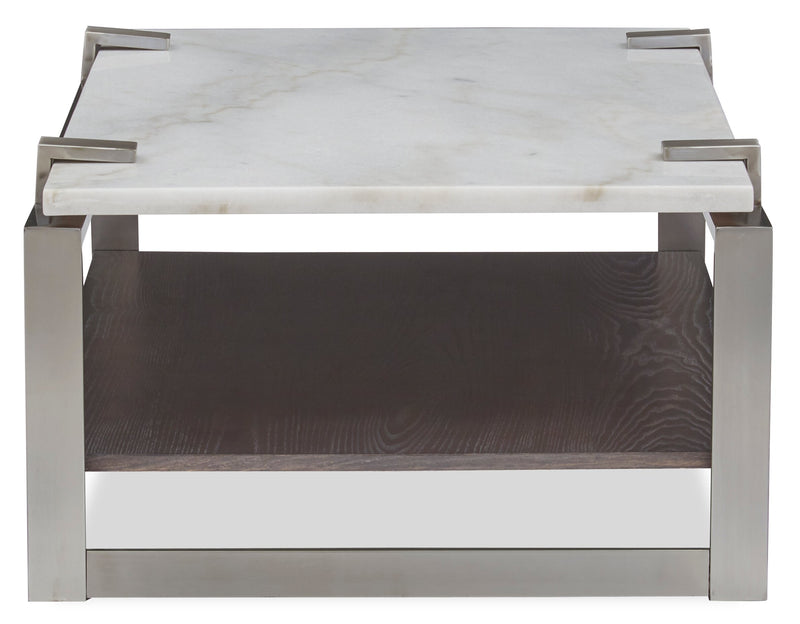 Paradox 48\" Modern Coffee Table with Shelf - White Marble Top with Brushed Platinum Frame