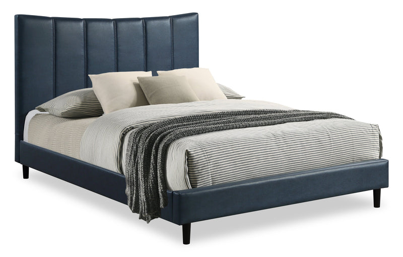Paseo Platform Bed in Navy Vegan-Leather Fabric - Queen Size