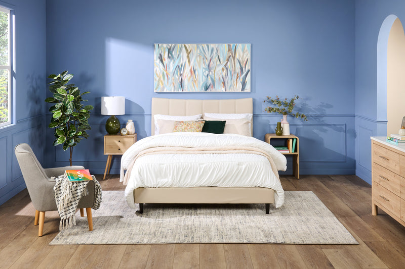 Paseo Platform Bed in Taupe Vegan-Leather Fabric - Queen Size