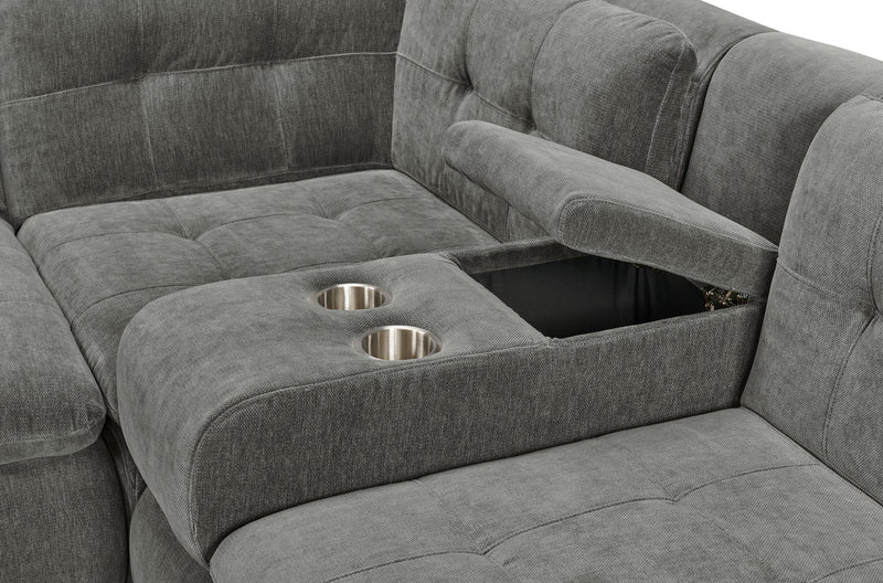 Scott Living Plaza Modular 4-Piece Fabric Sectional with Two Loveseats, Storage Console and Dual Cupholders - Grey