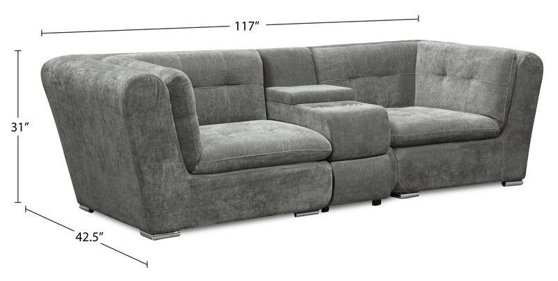 Scott Living Plaza Modular 98\" Fabric Loveseat with Storage Console and Dual Cupholders - Grey