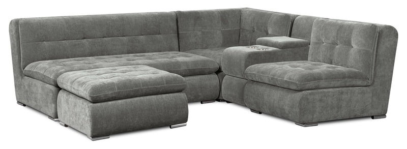 Scott Living Plaza Modular 5-Piece Fabric Sectional with Storage Console, Dual Cupholders and Ottoman - Grey
