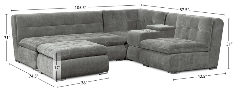 Scott Living Plaza Modular 5-Piece Fabric Sectional with Storage Console, Dual Cupholders and Ottoman - Grey