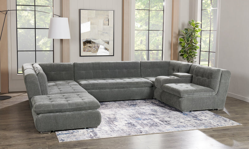 Scott Living Plaza Modular 7-Piece Fabric Sectional with Storage Console and Dual Cupholders - Grey