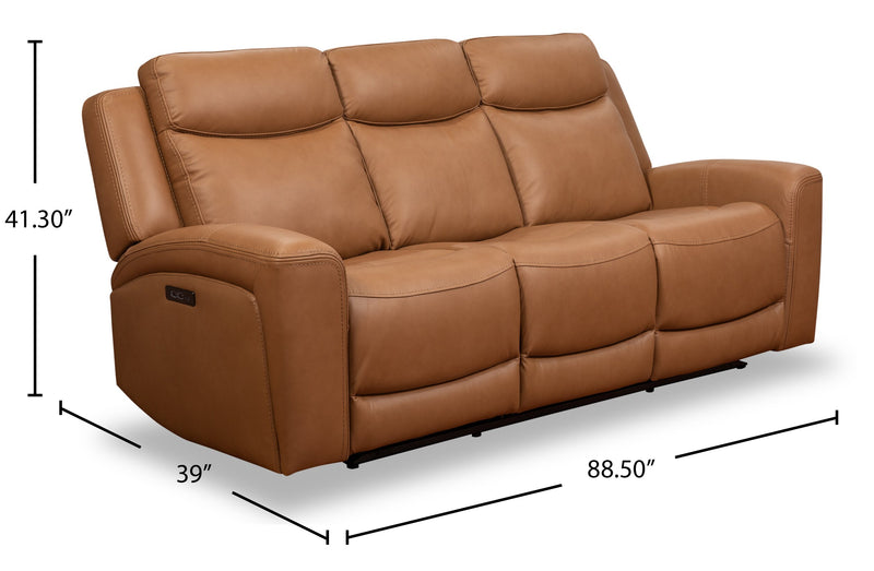Scott Living Prescott 88.5\" Genuine Leather Power Reclining Sofa with Power Headrests - Butternut Brown