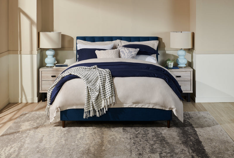 Kort & Co. Rain Upholstered Platform Bed in Blue Fabric, Tufted - Queen Size