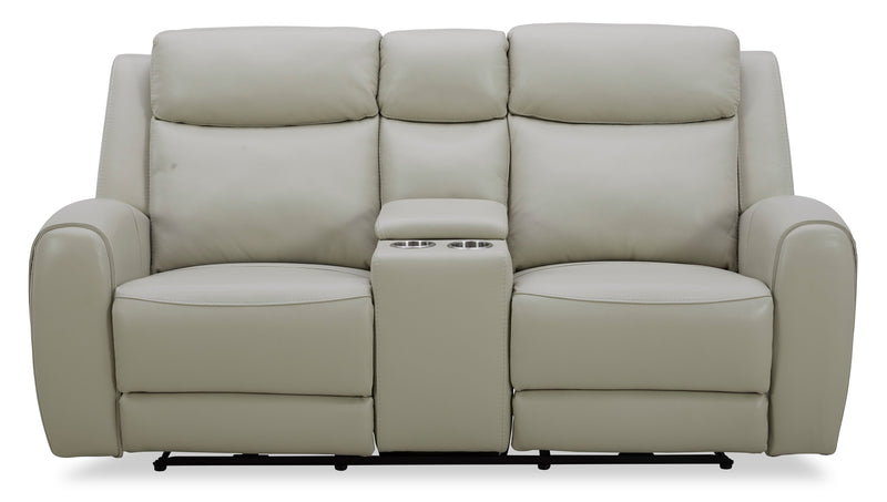 Reign 78\" Top-Grain Genuine Leather Power Reclining Loveseat with Console - Deltona Moonshine Taupe