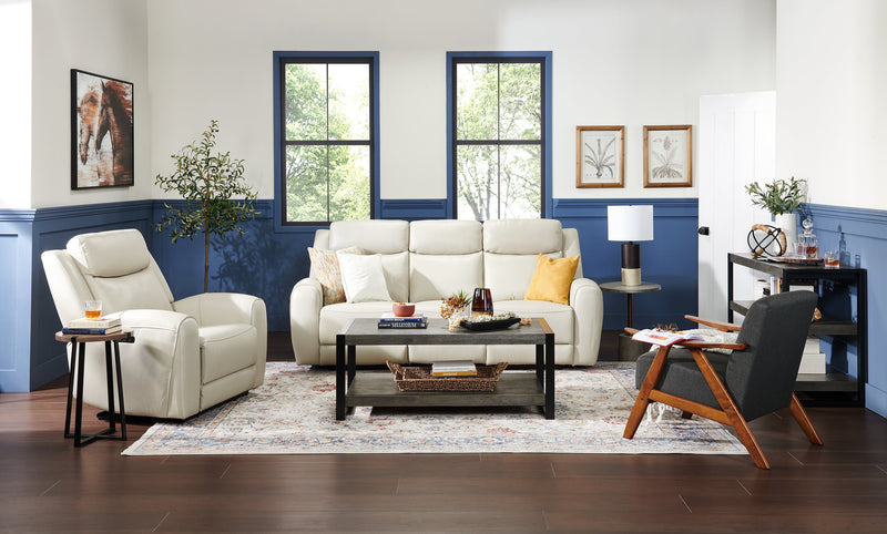 Reign 87\" Top-Grain Genuine Leather Power Reclining Sofa with USB Ports - Deltona Moonshine Taupe