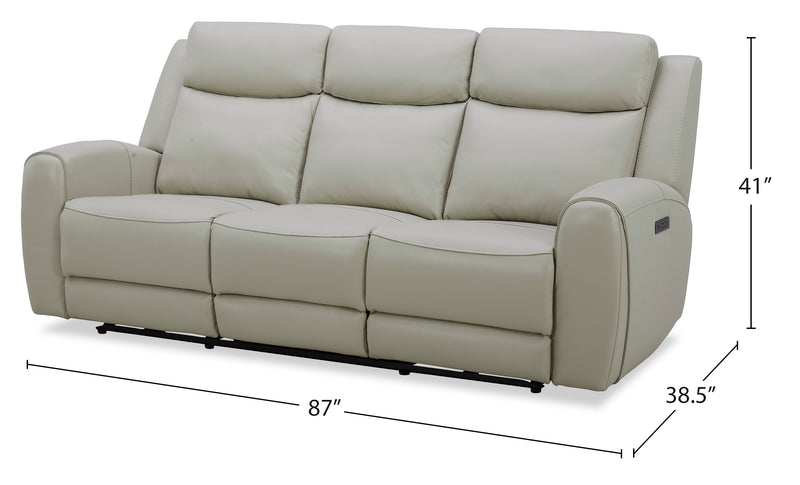 Reign 87\" Top-Grain Genuine Leather Power Reclining Sofa with USB Ports - Deltona Moonshine Taupe