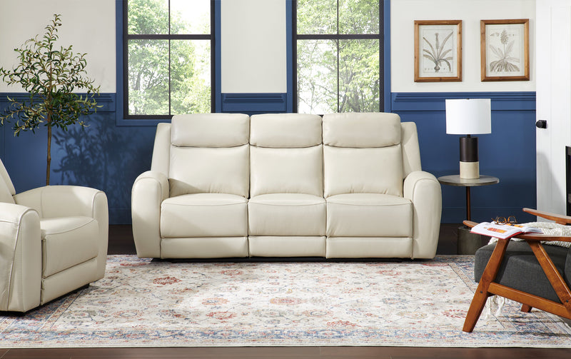 Reign 87\" Top-Grain Genuine Leather Power Reclining Sofa with USB Ports - Deltona Moonshine Taupe