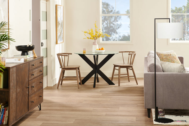 Remi Dining Table with Glass Top & Wood Geometric Base, 42\"W Round - Black