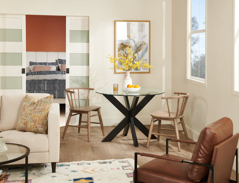 Remi Dining Table with Glass Top & Wood Geometric Base, 42\"W Round - Black