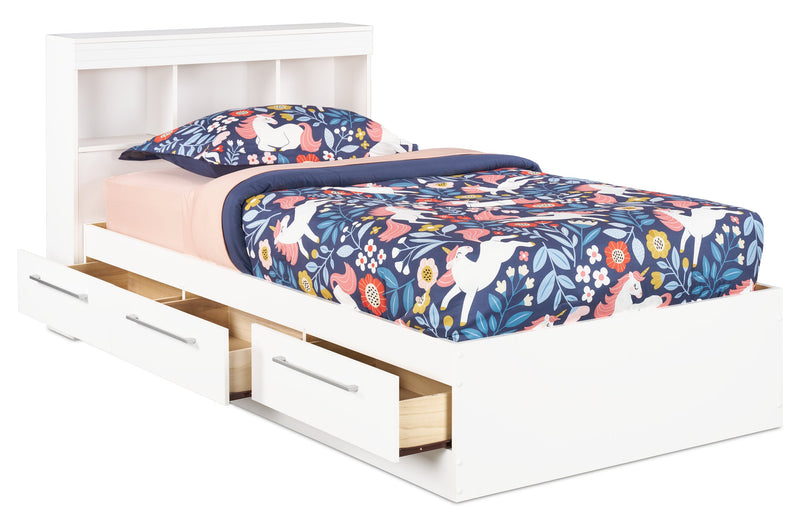 Riley Mates Bed with Bookcase Headboard Set for Kids, Made in Canada, White - Twin Size