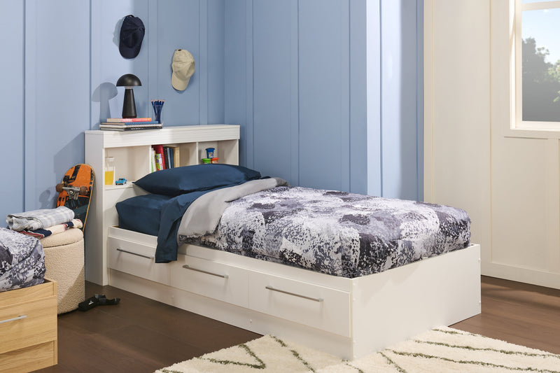 Riley Mates Bed with Bookcase Headboard Set for Kids, Made in Canada, White - Twin Size
