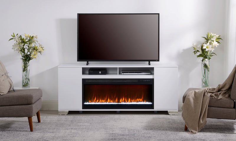 Robin 70\" Modern Electric Fireplace TV Stand with Storage and Cable Management for TVs up to 80\"- White