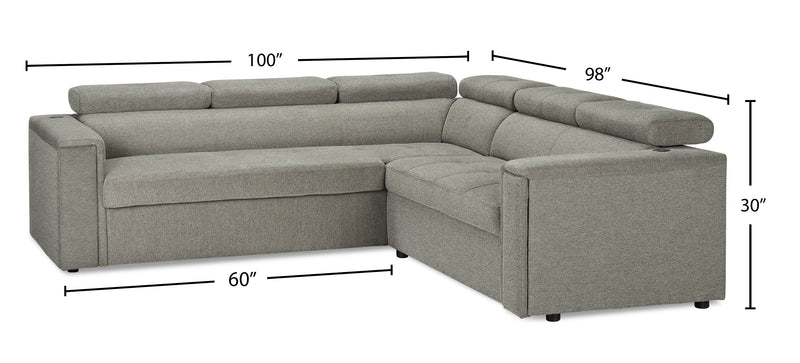 Savvy 2-Piece Left-Facing Linen-Look Fabric Sectional with Adjustable Headrests, Cupholders and USB Port - Grey