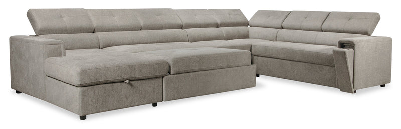 Savvy 5-Piece Left-Facing Linen-Look Fabric Sleeper Sectional with Storage Chaise and Adjustable Headrests - Grey