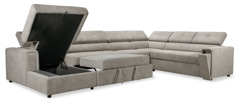 Savvy 5-Piece Left-Facing Linen-Look Fabric Sleeper Sectional with Storage Chaise and Adjustable Headrests - Grey