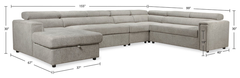 Savvy 5-Piece Left-Facing Linen-Look Fabric Sleeper Sectional with Storage Chaise and Adjustable Headrests - Grey