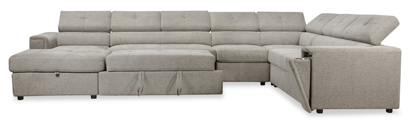 Savvy 5-Piece Left-Facing Linen-Look Fabric Sleeper Sectional with Storage Chaise and Adjustable Headrests - Grey