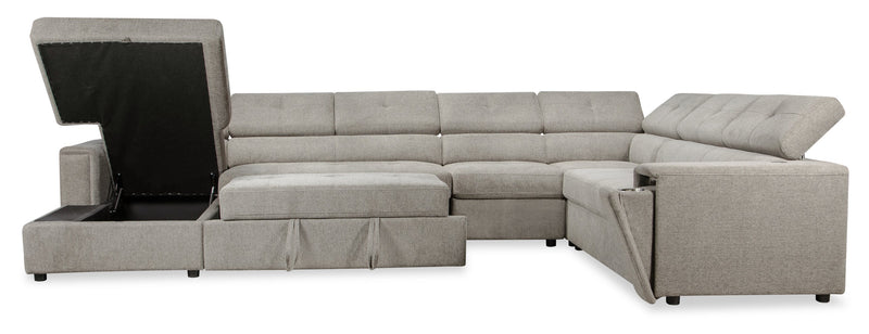 Savvy 5-Piece Left-Facing Linen-Look Fabric Sleeper Sectional with Storage Chaise and Adjustable Headrests - Grey
