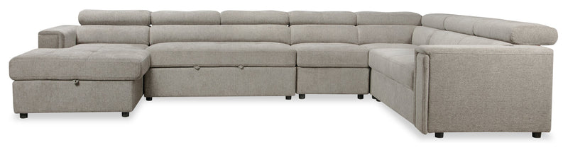 Savvy 5-Piece Left-Facing Linen-Look Fabric Sleeper Sectional with Storage Chaise and Adjustable Headrests - Grey