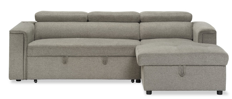 Savvy 2-Piece Right-Facing Linen-Look Fabric Sleeper Sectional with Storage Chaise and Adjustable Headrests - Grey