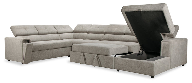 Savvy 5-Piece Right-Facing Linen-Look Fabric Sleeper Sectional with Storage Chaise and Adjustable Headrests - Grey