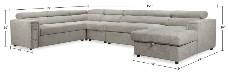 Savvy 5-Piece Right-Facing Linen-Look Fabric Sleeper Sectional with Storage Chaise and Adjustable Headrests - Grey
