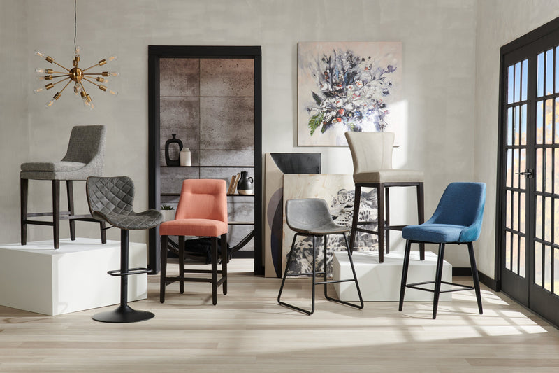 Seth Barstool with Swivel & Adjustable Seat, Vegan Leather Fabric, Metal - Grey