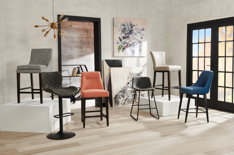 Seth Barstool with Swivel & Adjustable Seat, Vegan Leather Fabric, Metal - Grey