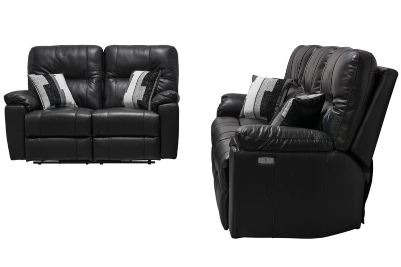 Made in Canada Dawson 64\" Genuine Leather Power Reclining Loveseat with USB Port and Accent Pillows – Black