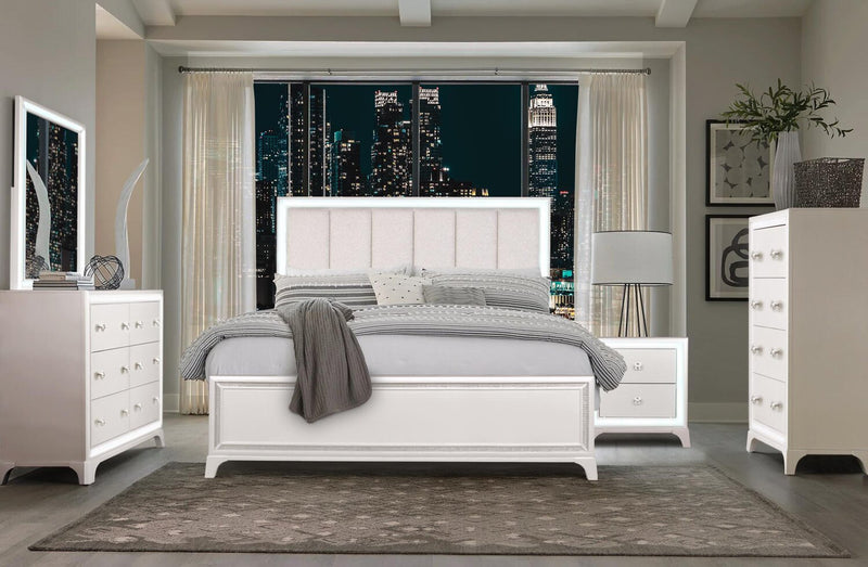 Halo Panel Bed with Headboard & Frame, LED, Glam, White - Queen Size