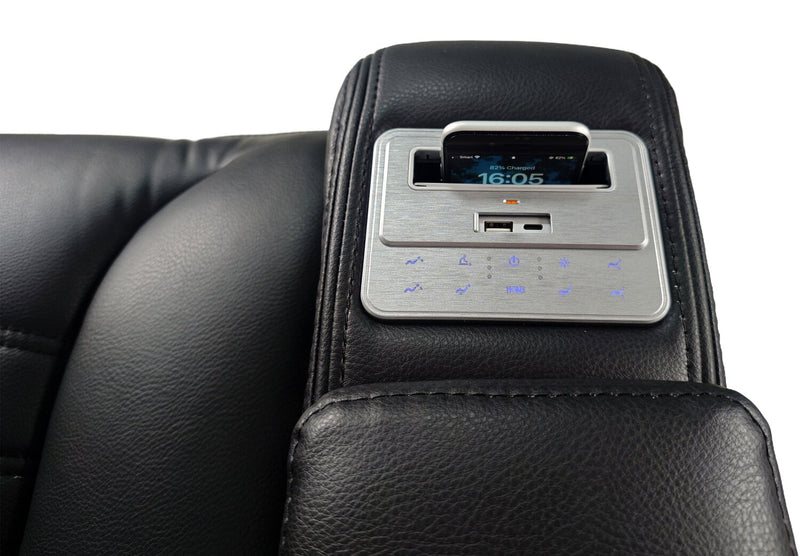 Zen 75.5\" Leather-Look Fabric Power Reclining Massage Loveseat with Refrigerator Console - Black