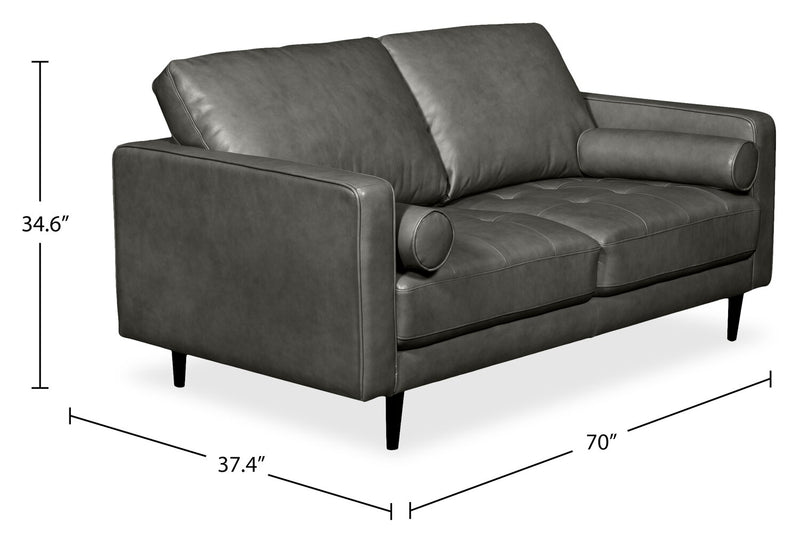 Edge 70\" Genuine Leather Loveseat with Wood Legs and Removable Back Cushions - Grey