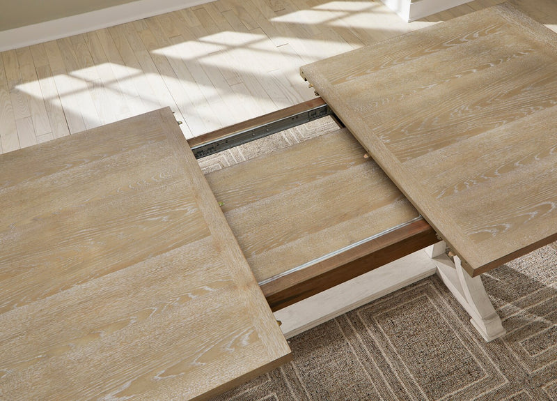 Quill Dining Table with Trestle Base, 72-90\"W - Antique White & Brown