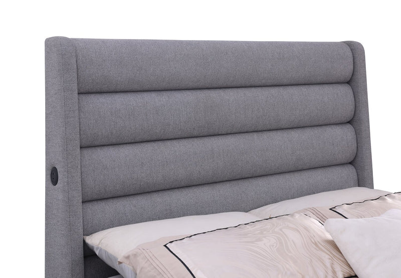 Jade Upholstered Platform Bed with USB Ports in Grey Fabric - King Size