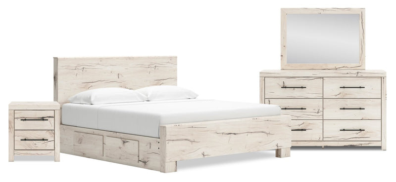 Derekson 6pc Bedroom Set with Side Storage Bed, Dresser, Mirror & Nightstand, Rustic White - King Size