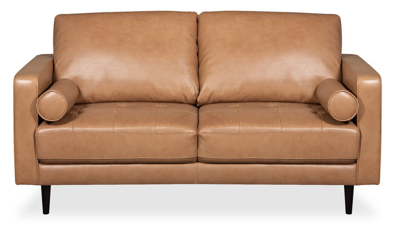 Edge 70\" Genuine Leather Loveseat with Wood Legs and Removable Back Cushions - Brown
