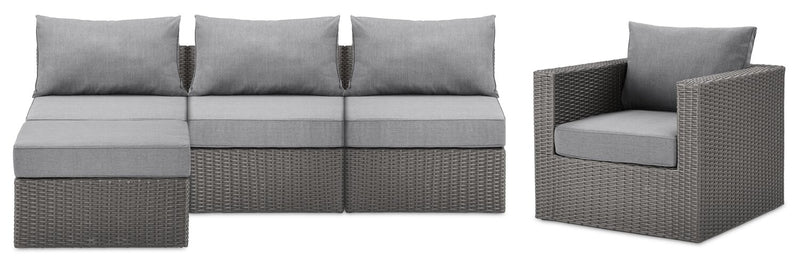 Morris 5-Piece Outdoor Patio Set with 3 Armless Chairs, Ottoman & Chair - Hand-Woven Resin Wicker, Olefin Fabric, UV & Weather Resistant - Grey