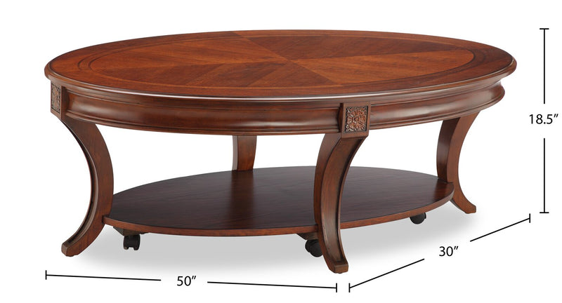 Kerwin 50\" Traditional Oval Coffee Table with Shelf and Casters - Cherry
