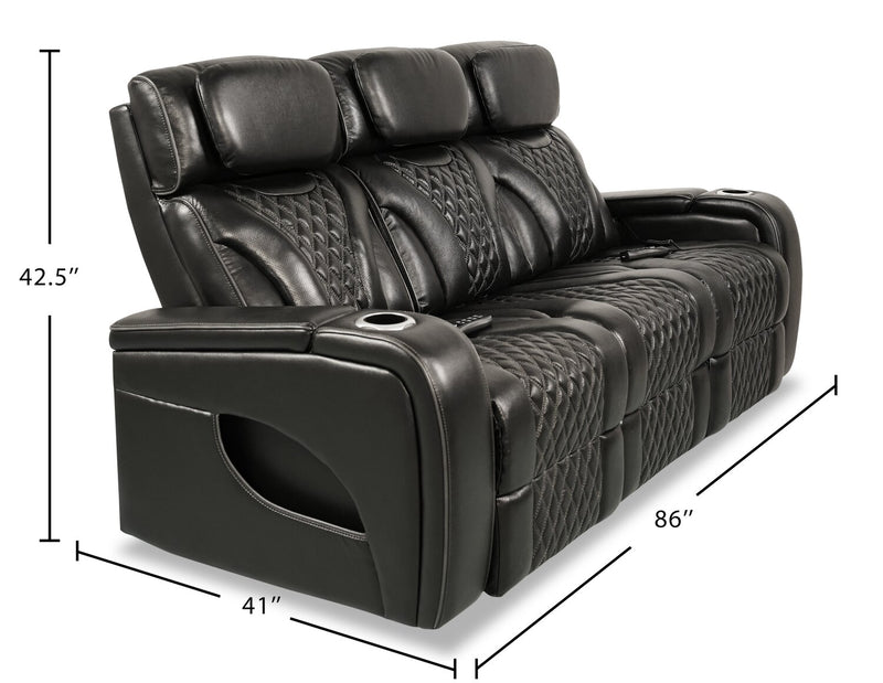 Elite 86\" Genuine Leather Massage Power Reclining Sofa with Power Headrests and Storage Arms - Black