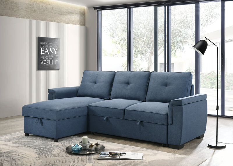 Eden 2-Piece Reversible Fabric Sleeper Sectional with Storage Chaise and Removable Back Cushions - Blue