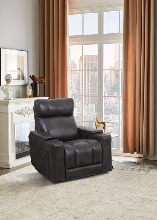 Scott Living Escape 39\" Power Reclining Chair with Power Headrest and Surround Sound - Dark Brown Leather-Look Fabric