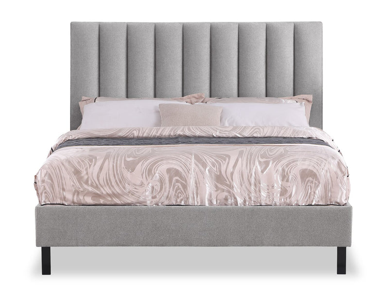 Amos Upholstered Platform Bed in Grey Fabric with Channelled Headboard - Queen Size