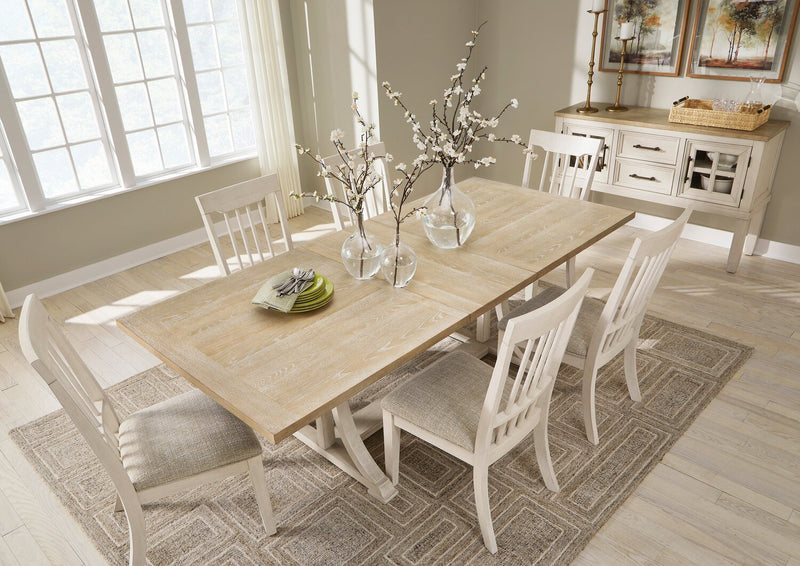 Quill Dining Table with Trestle Base, 72-90\"W - Antique White & Brown